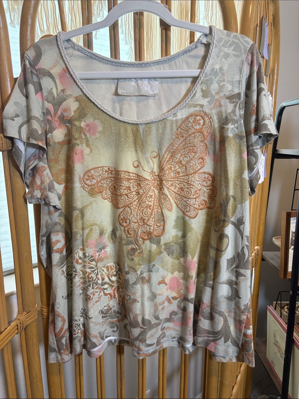 Avenue embroidered Butterfly Scoop Neck Top - Soft earth tones 100% cotton
